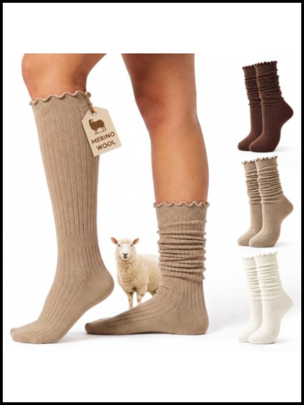 Merino Wool Blend Ruffle Knee High Slouch Socks 3 Pairs